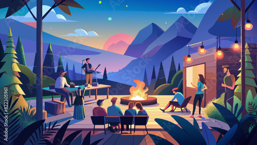 Outdoor Night Music Party with Laser Lights and Summer Fire