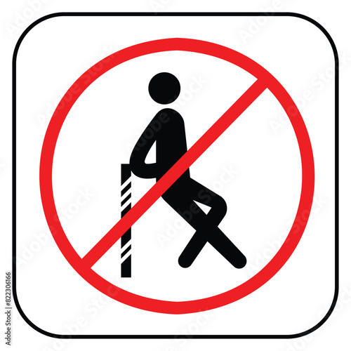 Do not lean on glass railing or fence icon sign illustration with red circle cross isolated on square white background. Simple flat cartoon styled drawing for poster prints.