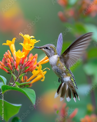 A hummingbird gracefully hovering while drinking nectar from a trumpetshaped honeysuckle flower in a garden