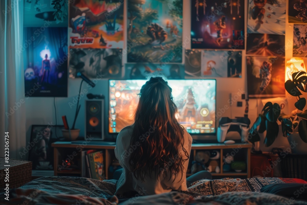 Teen Girl Gaming in Fantasy-Themed Bedroom Decorated with Posters and Gaming Gear