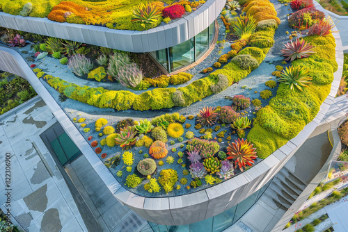 Aerial view of a modern museum with a sedum roof, highlighting a blend of succulent species in vibrant colors,