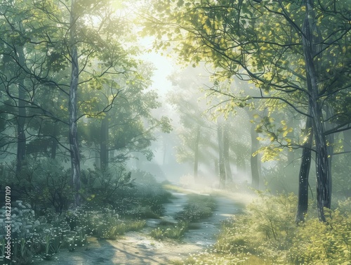 Wide-angle view of a serene forest at dawn  soft pastel colors  photorealistic  sunlight filtering through the trees creating long shadows  a gentle mist hovering above the ground