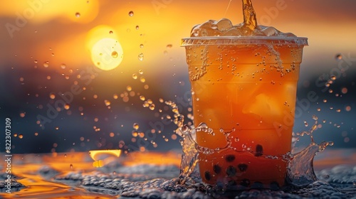 boba tea art, beautiful image showing milk gracefully blending into bubble tea, set against a serene twilight sky, capturing an ethereal moment photo