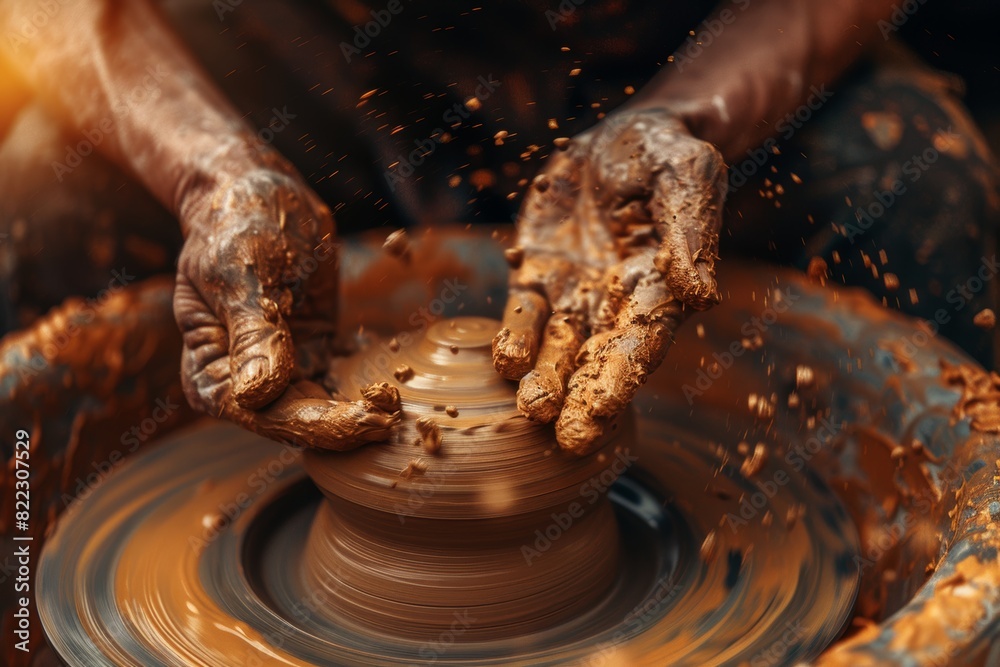 Close-Up of Potter's Hands Shaping Spinning Clay Pot on Wheel with Splashes of Clay in Studio