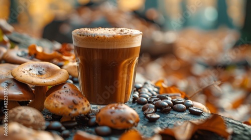 gourmet mushroom coffee, delicate scents of mushroom coffee fill the room, tempting for a rich and flavorful taste photo