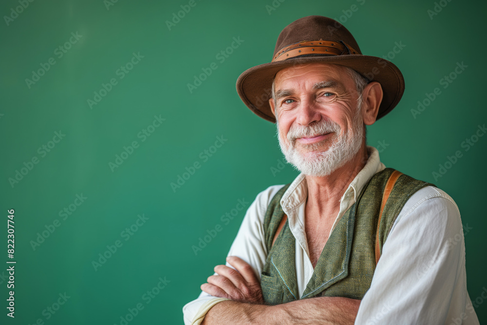 Smiling Older Man in Hat and Vest Against Green Background Smiling Older Man in Hat and Vest Against Green Background