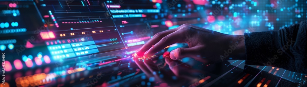 Close-up of a hand interacting with a futuristic touchscreen interface, displaying vibrant data visualizations and analytics. Close-up of a hand interacting with a futuristic touchscreen interface, displaying vibrant data visualizations and analytics.