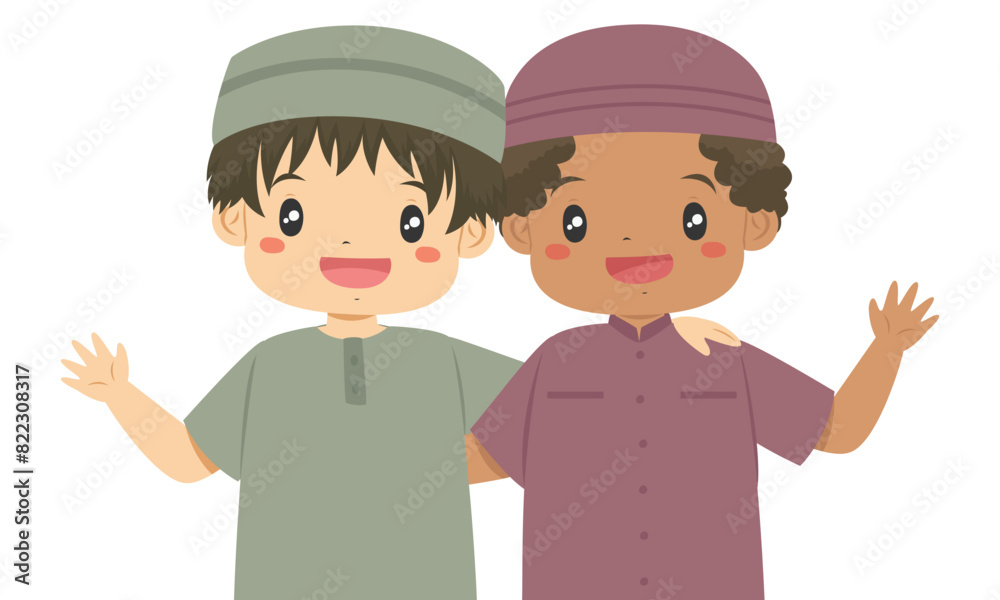 Happy Muslim boy with friend smiling and waving their hand, kids character cartoon vector. Happy Muslim boy with friend smiling and waving their hand, kids character cartoon vector.