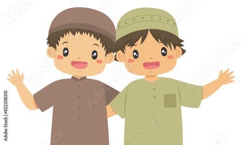 Happy Muslim boy with friend smiling and waving their hand, kids character cartoon vector.
