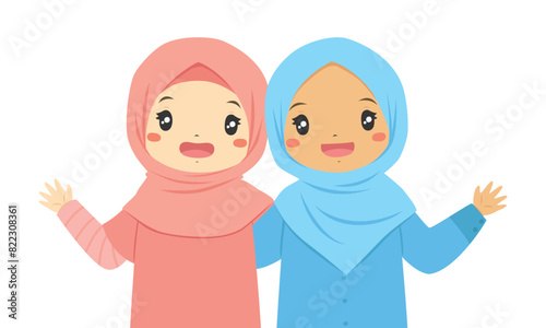 Happy Muslim girl with friend smiling and waving their hand, kids character cartoon vector.