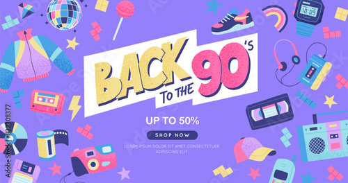 90s banner. Bright multicolour hand drawn lettering and elements. Vector illustration in trendy flat style