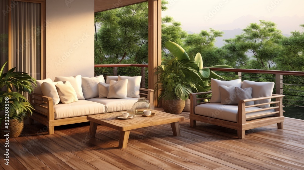 wooden terrace and comfort sofa furniture set on balcony terrace wooden terrace and comfort sofa furniture set on balcony terrace