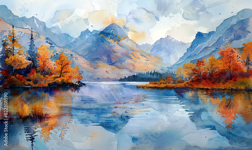 Serene highland loch surrounded by autumn foliage, depicted in deep, rich watercolors , Generate AI
