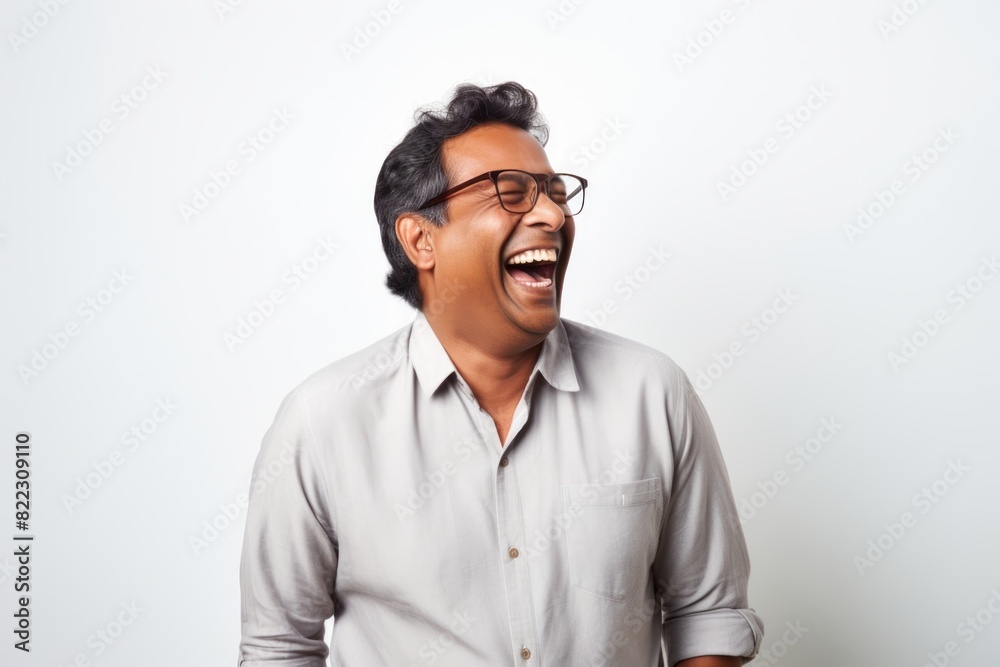Portrait of a joyful indian man in his 40s laughing in front of plain white digital canvas Portrait of a joyful indian man in his 40s laughing in front of plain white digital canvas