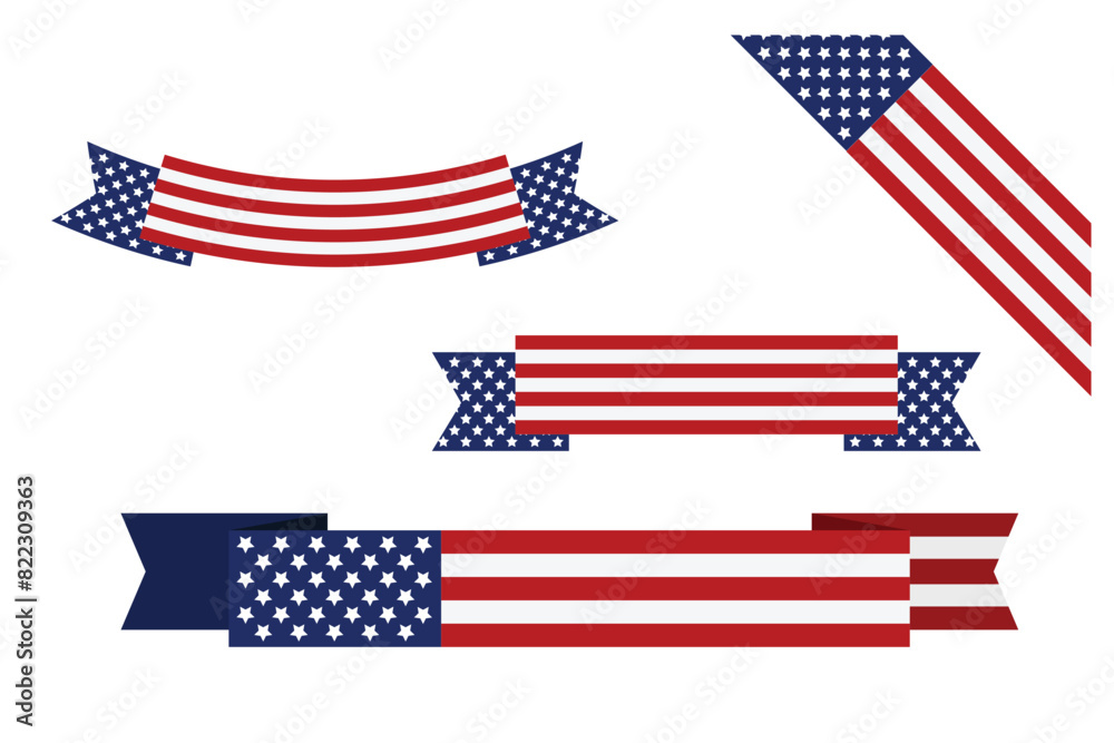 set of Red white blue american flag ribbon USA banner set of Red white blue american flag ribbon USA banner