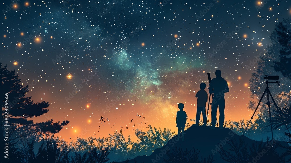 Bonding Under the Stars: Father and Children Stargazing Vector Illustration