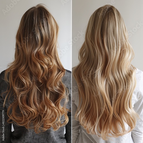 Hair transformation, before after photo: long blonde hair, smooth and shiny with natural highlights