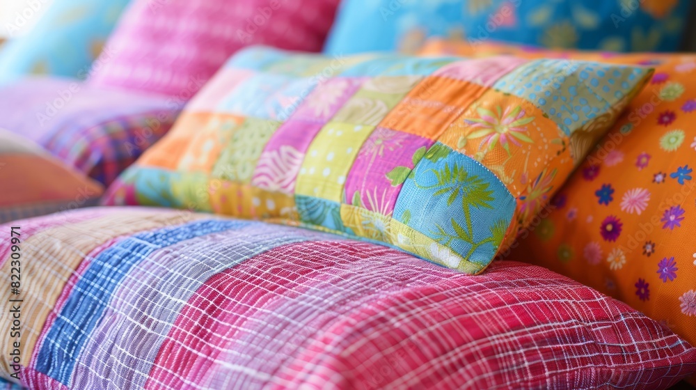 A colorful pillow with a patchwork design sits on a bed