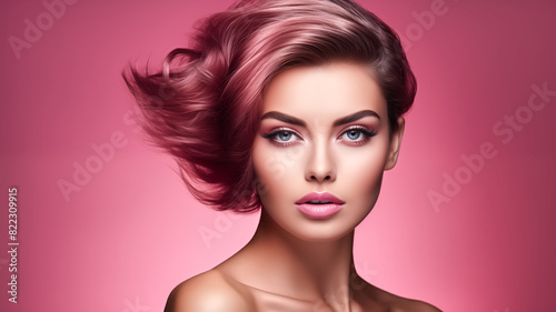Stylized portrait of a woman with pink hair on a pink background. Beauty and fashion concept. Design for poster, banner, and print. Close-up digital illustration