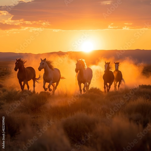 A group of majestic horses running freely across a dry grass field  kicking up dust in the warm glow of sunset.