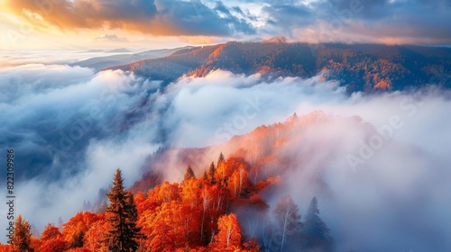 Picturesque autumn mountains with trees and sea of fog in the Carpathian mountains, Ukraine. Landscape photography