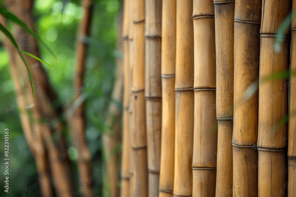 Fototapeta premium Close-up of a bamboo fence with green trees in the background, creating a peaceful and natural setting.