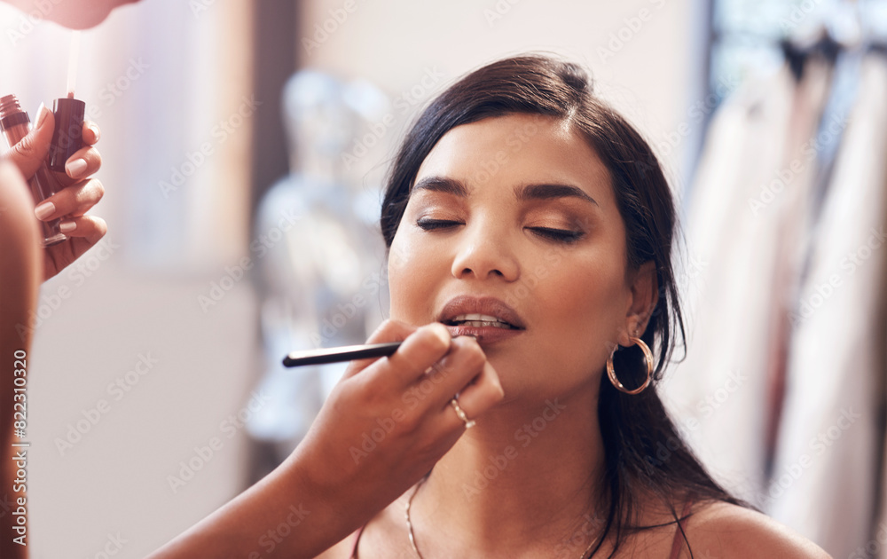 Makeup, woman and artist with bride in bedroom for wedding ceremony with beauty routine. Elegant, lipstick and beautician with female person for facial cosmetology for marriage event or celebration. Makeup, woman and artist with bride in bedroom for wedding ceremony with beauty routine. Elegant, lipstick and beautician with female person for facial cosmetology for marriage event or celebration.