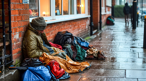 A photo of a homeless man sleeping on the street  depicting the harsh reality of homelessness and the need for compassion and support.