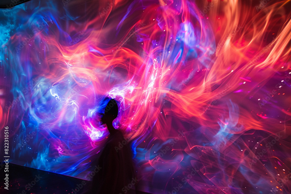 Atmosphere charged, show on virtual screen, lights dance, vibrant glow Atmosphere charged, show on virtual screen, lights dance, vibrant glow