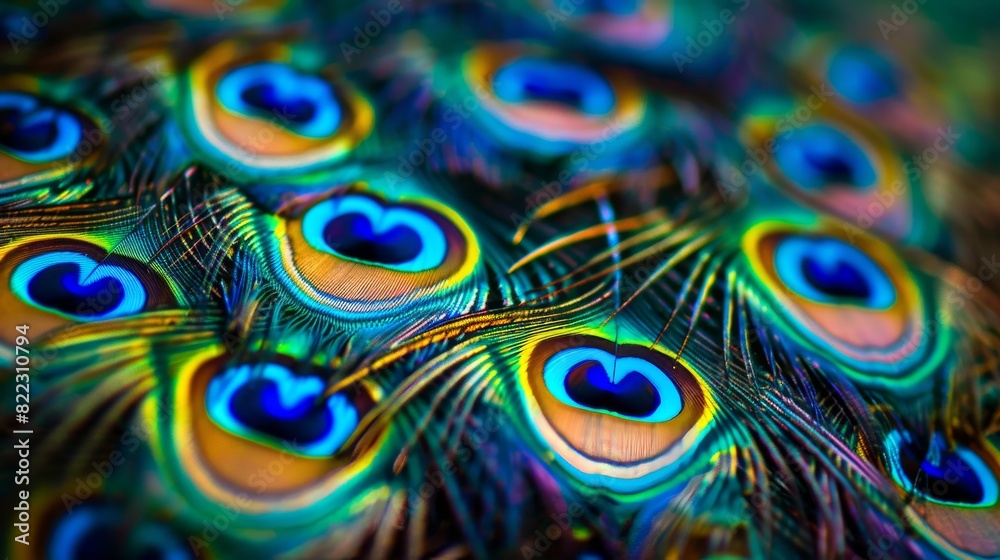 Obraz premium Closeup of peacock feathers, with vibrant colors and intricate patterns.