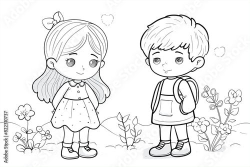  Coloring Pages with cute girls and boys Characters, Coloring book, happy children set.