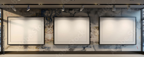 A trio of white frames with dark borders on a wall with a custom mural in a modern architectural firm, each centrally spotlighted and angled differently 