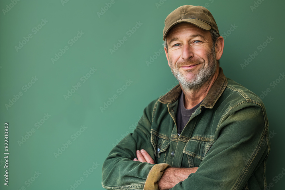 Fototapeta premium Happy Man in Cap and Green Jacket Against Green Background