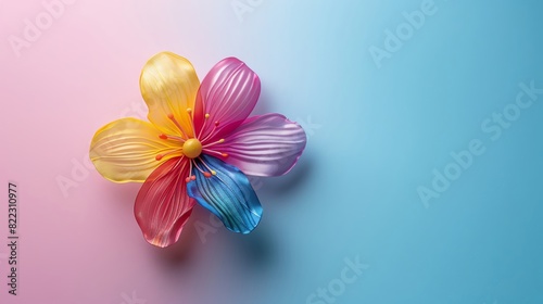 Minimal modern image of a rainbow flower brooch on a pastel background  harmonious colors  clean lines  simple design