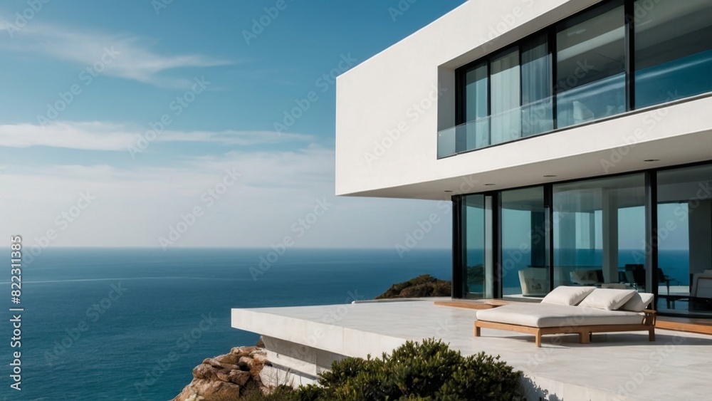 Fototapeta premium modern minimalist white villa beside the cliff with beautiful sea view