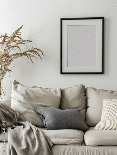 A white frame with a blank canvas against a light wall and on a wooden tabletop with vase. Layout for paintings for sale on marketplaces. Copy space.