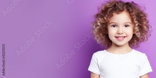 Purple background Happy european white child realistic person portrait of young beautiful Smiling child Isolated on Background Banner with copyspace 