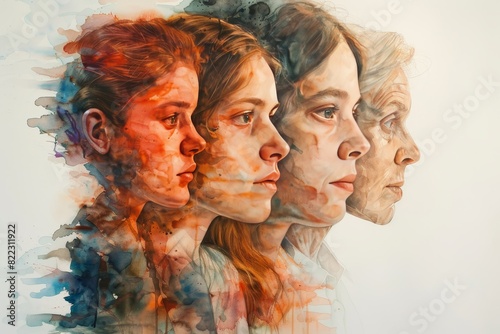 Artistic representation of multiple generations of women, with watercolor effects symbolizing growth and time. Colorful and expressive portrait.