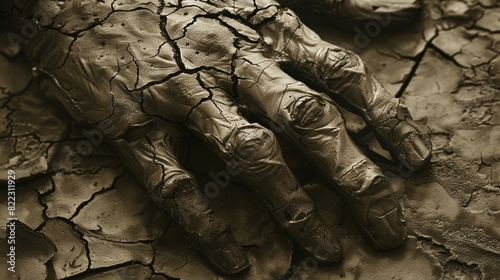 Close-up of a cracked, dry clay sculpture of a human hand, depicting drought and artistic expression, set on a parched, cracked earth background.