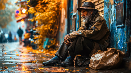 A portrait of a homeless man sitting on a wet street, highlighting the struggle and resilience of those facing homelessness, urging for empathy and assistance. photo