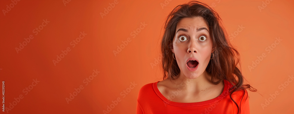 Fototapeta premium A woman with red hair and a red sweater is looking surprised. The image has a warm and cozy mood. a bit surprised woman talking to the camera, portrait, nice one-colour background