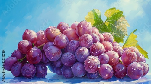 Close-up of vibrant purple grapes with water droplets, set against a light blue sky, showcasing freshness and natural beauty.