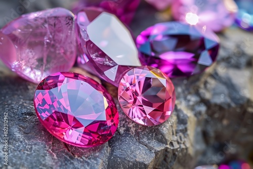 Striking pink gemstones lain atop a rough rocky surface, contrasting their refined cut with natural textures photo