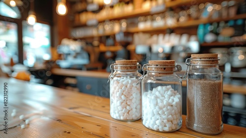 Close-Up Shot of Glass Jars with Sugar Cubes and Brown Sugar in a Cozy Cafe. Generative ai