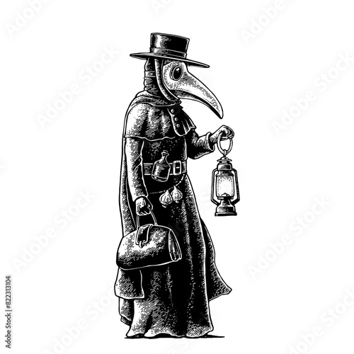 Plague doctor with bird mask, suitcase, lantern, garlic and hat. Engraving