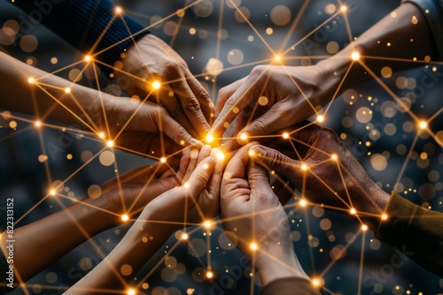Close-up of multiple hands touching, with glowing connected dots, representing network or teamwork