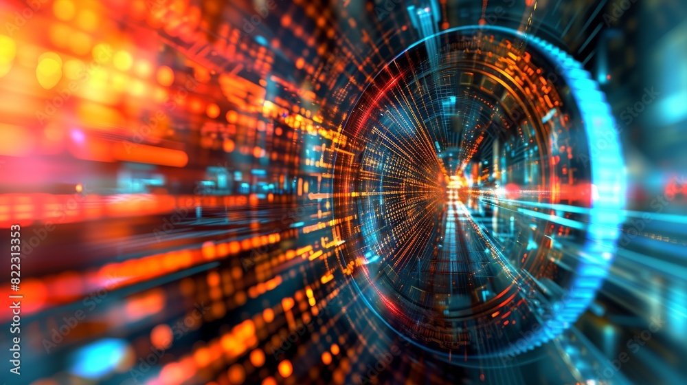 High-speed technology tunnel visualization with glowing lines and circles in blue and orange, suitable for dynamic tech presentations. High-speed technology tunnel visualization with glowing lines and circles in blue and orange, suitable for dynamic tech presentations.