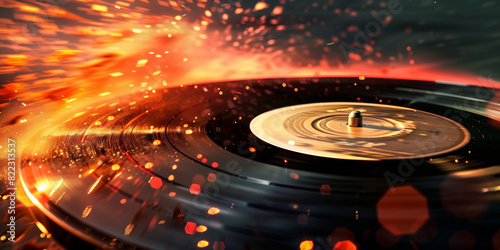 the concept of music on vinyl records. pop art musical background featuring vinyl record, fast rotation of a vinyl record with sparks