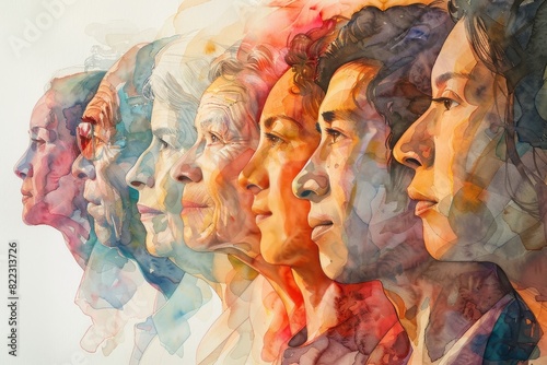 Watercolor portrait of diverse people in profile, showcasing various ages and ethnicities in a beautiful gradient of colors.