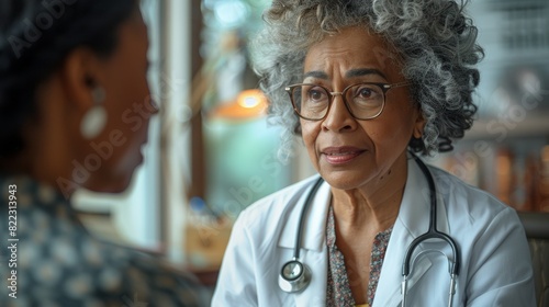 cross-cultural oncology discussion, an indian oncologist compassionately discusses a treatment plan with an elderly black woman, offering comfort and understanding photo